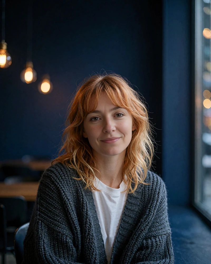 Young woman with copper-toned hair and a soft fringe in a charcoal cardigan at a warmly lit Portland café - demonstration profile photo