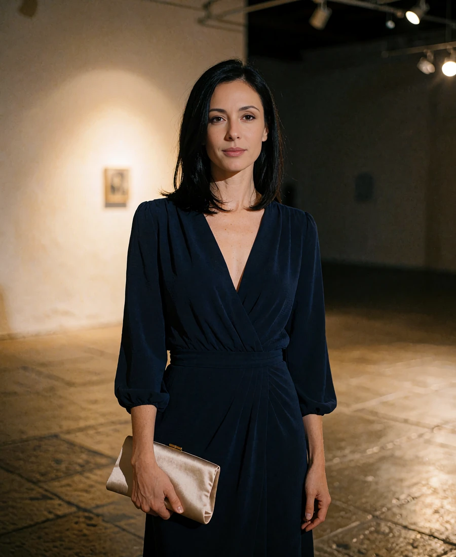Woman with sleek black hair in a navy evening dress at an indoor arts venue in Dallas - demonstration profile photo
