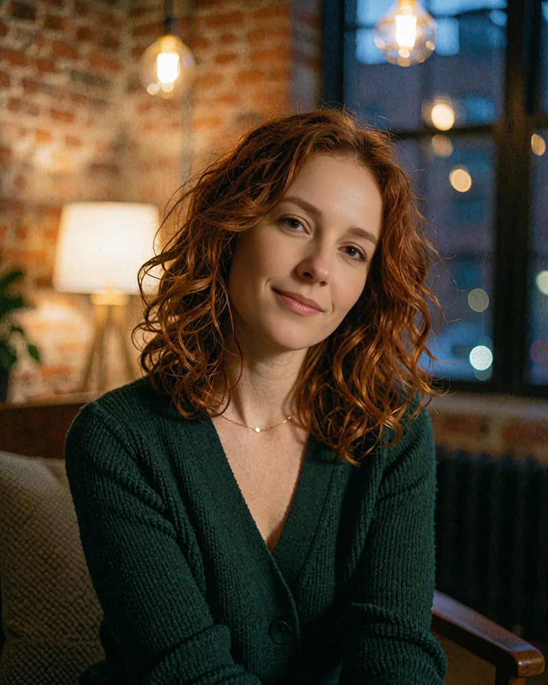 Woman with wavy auburn hair in a deep green knit top in a warmly lit downtown loft - demonstration profile photo