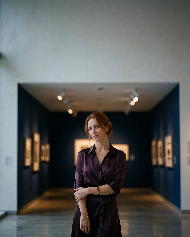 Auburn-haired woman in a plum silk dress standing in a Denver gallery corridor - demonstration profile photo