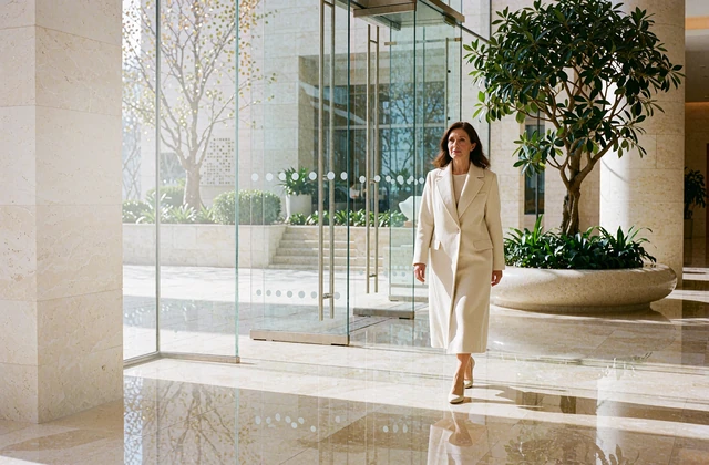 Elegant woman in an ivory coat walking through the sunlit atrium of a modern luxury hotel