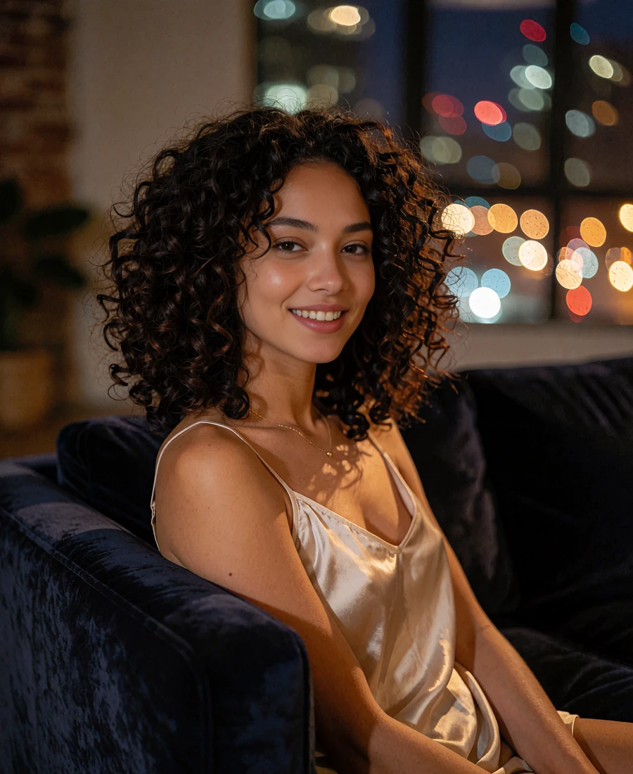 Young woman with voluminous dark curls sitting on a velvet sofa in a Midtown Atlanta loft - demonstration profile photo