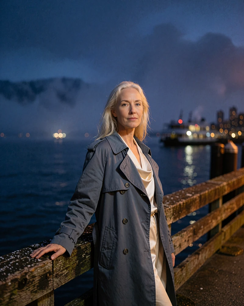 Blonde woman in a slate trench coat on a Seattle harbour walkway at dusk - demonstration profile photo