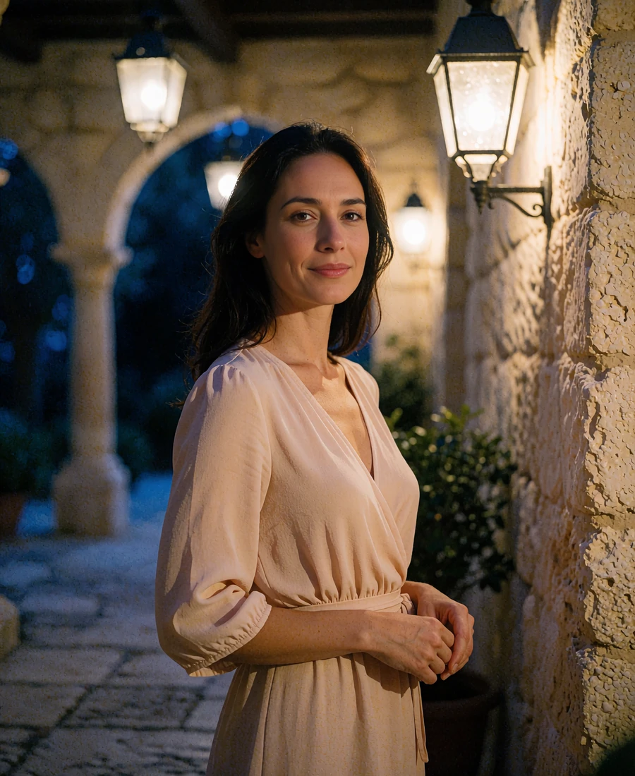 Woman in a blush wrap dress smiling in a lamplit San Antonio stone courtyard at night - illustrative profile photo