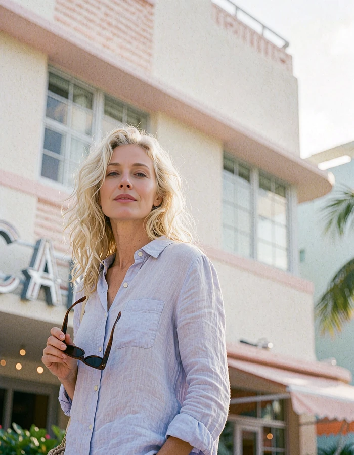 Blonde woman in a pale blue linen shirt in front of an Art Deco hotel facade in South Beach - demonstration profile photo