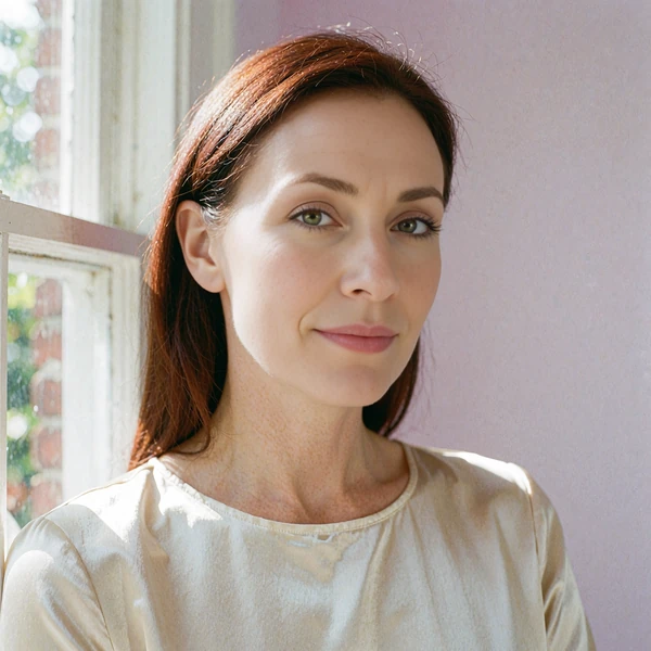 Portrait of a poised woman in a cream silk top representing an illustrative community voice