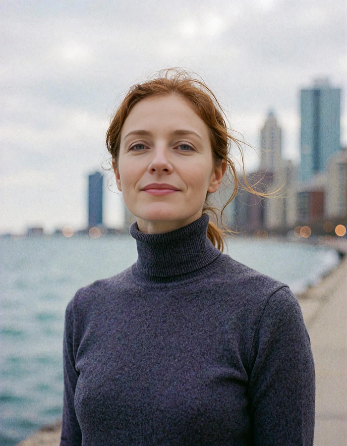Auburn-haired woman in a charcoal turtleneck on the Chicago lakefront promenade with Lake Michigan behind her - demonstration profile photo
