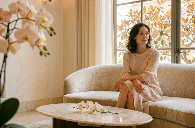Graceful woman seated on a cream velvet sofa in an airy hotel lobby lounge near a marble coffee table