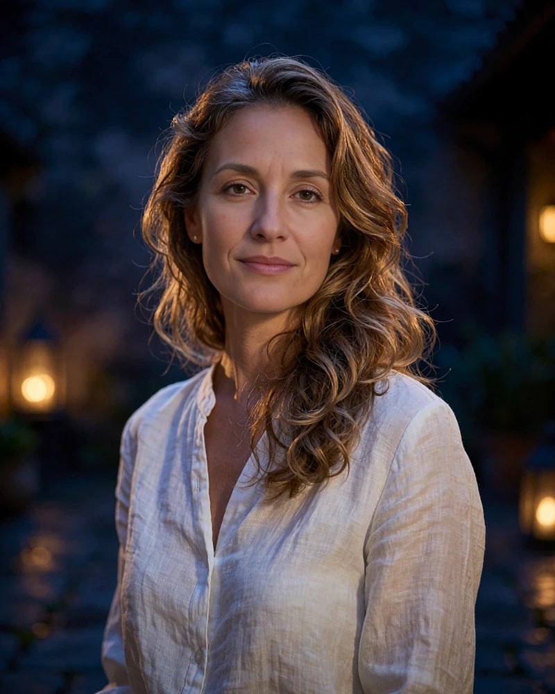 Woman with bronze wavy hair in a white linen blouse in a candlelit San Antonio courtyard at night - demonstration profile photo