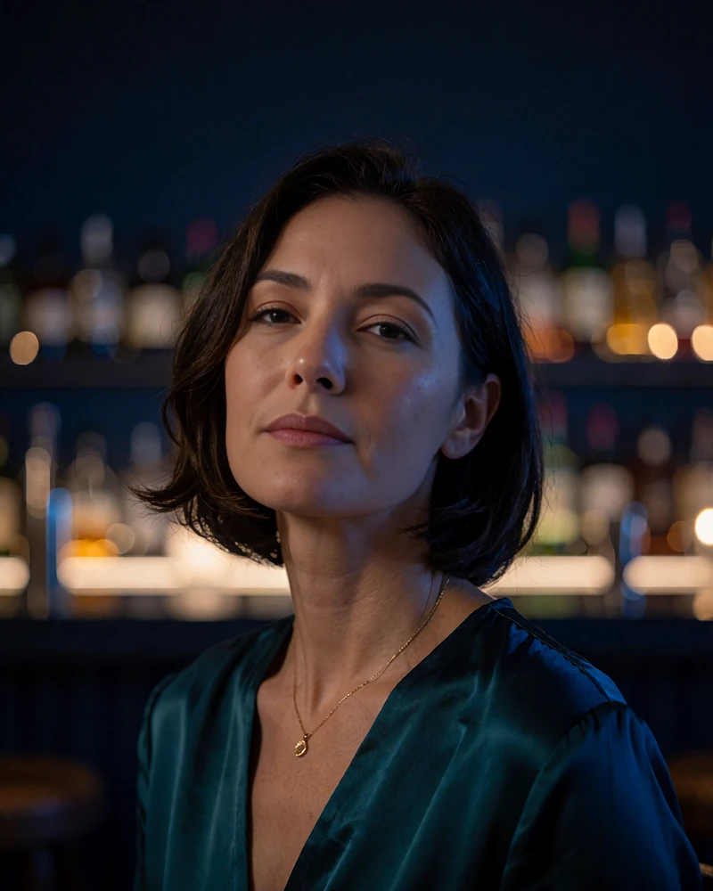 Woman with a chin-length dark bob in a teal silk top in a softly lit San Antonio hotel bar at night - demonstration profile photo
