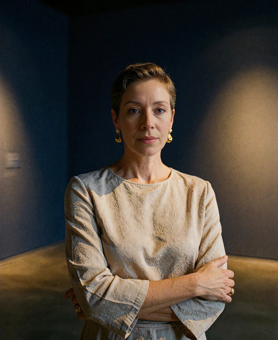 Woman with short cropped hair standing in a contemporary art gallery at night - demonstration profile photo