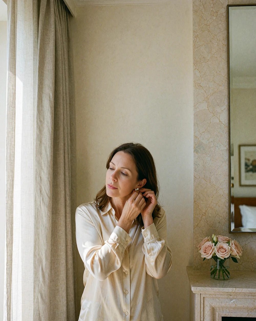 Woman in a cream silk blouse fastening a pearl earring before a tall mirror in a quiet luxury hotel suite while preparing for a first date