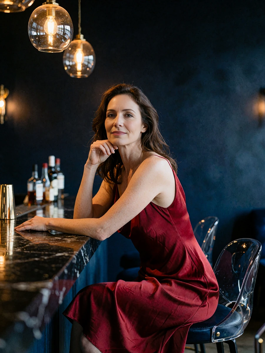 Confident woman in a crimson silk cocktail dress seated at a dark bar counter, illustrative member profile photo