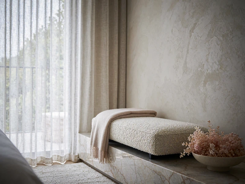 Calm corner of a luxury bedroom suite with a bouclé bench, folded cashmere throw and dried blush blooms on a marble console