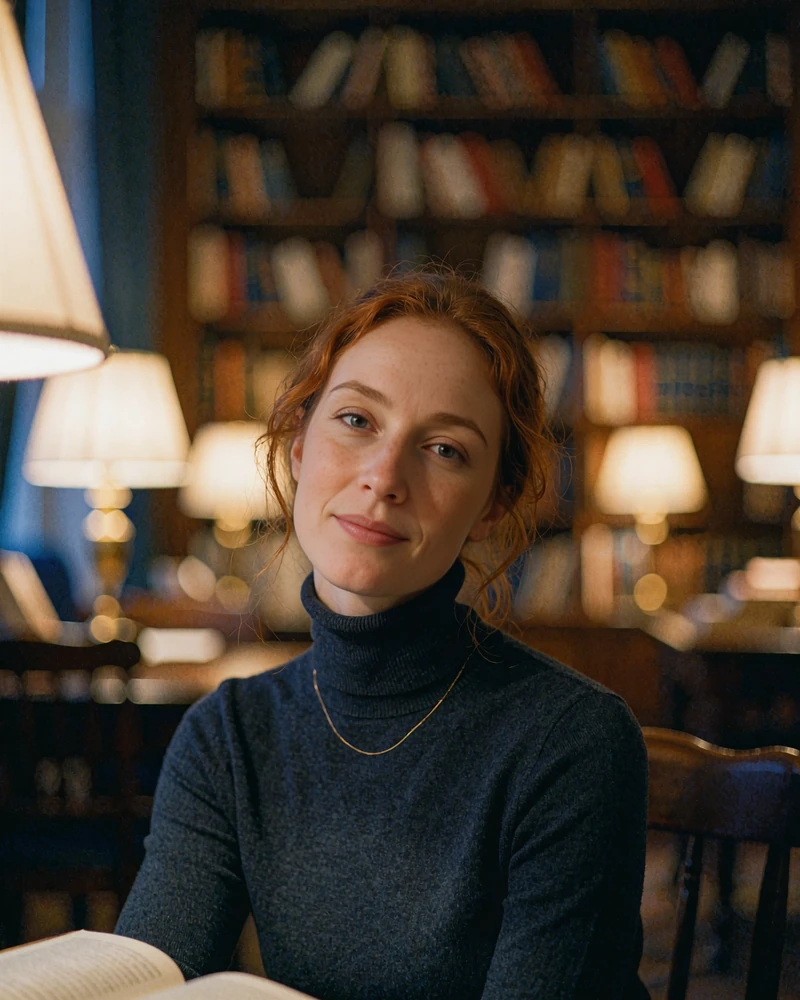 Woman with auburn hair and freckles in a charcoal turtleneck inside a warmly lit reading room - demonstration profile photo