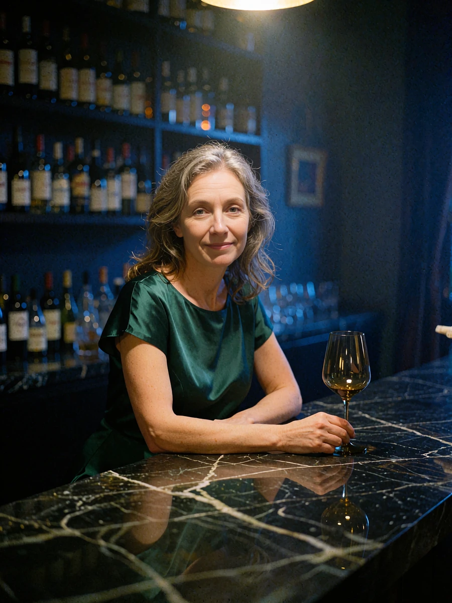 Graceful woman in an emerald satin dress seated at a dark marble wine bar - illustrative member profile photo