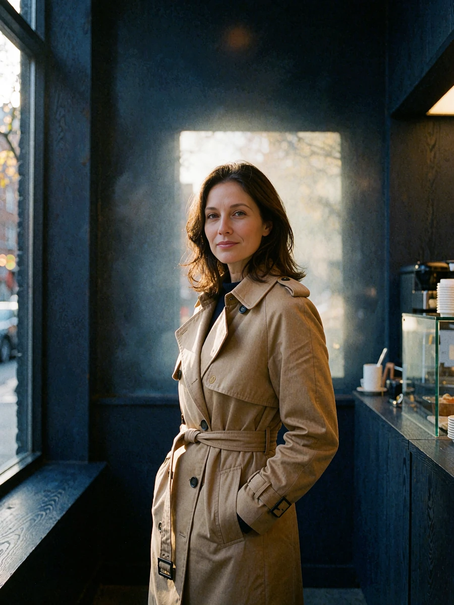 Chic woman in a camel trench coat standing inside a small city espresso bar at dawn - illustrative member profile photo