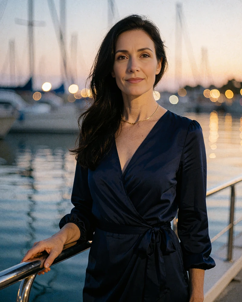 Elegant woman in her late thirties in a navy wrap dress at a Coconut Grove marina at dusk - demonstration profile photo