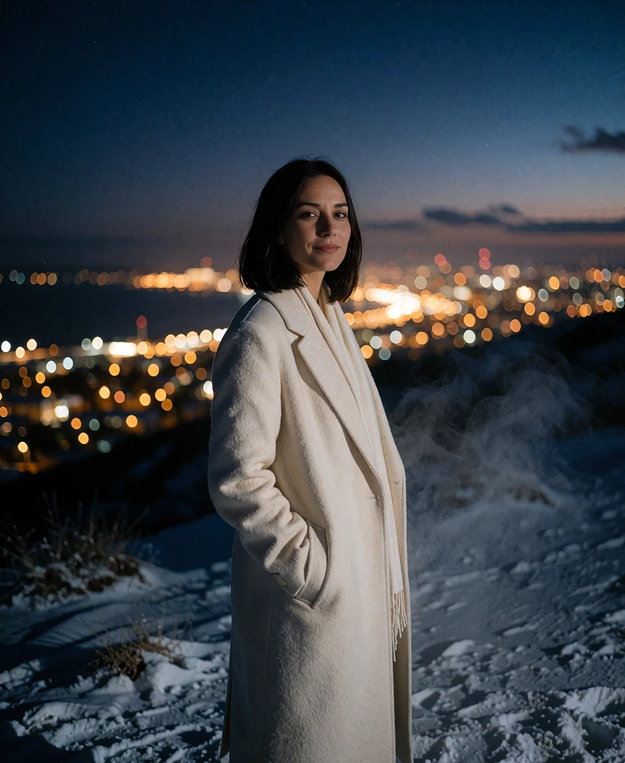 Woman with straight dark brown hair in an ivory coat standing at a hillside city overlook at dusk - demonstration profile photo