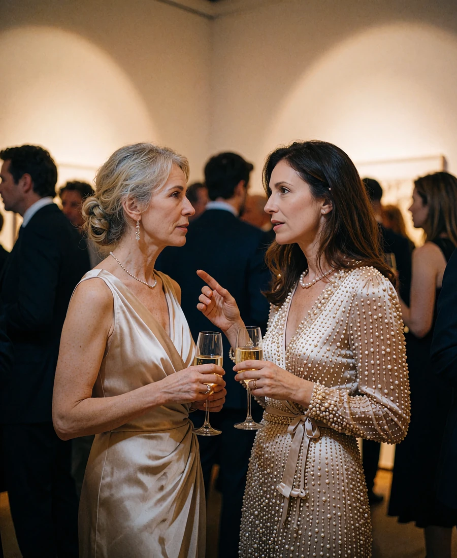 Two women in elegant evening attire in close conversation at a private gallery reception, one listening while the other gestures lightly with a glass