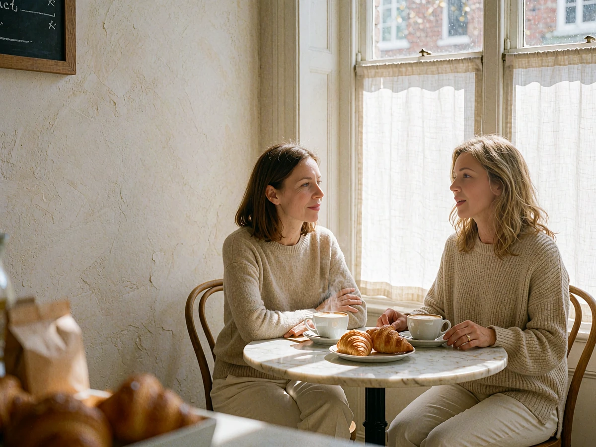 Two women in soft knitwear talking warmly over coffee at a marble café table, an open conversation about boundaries and expectations