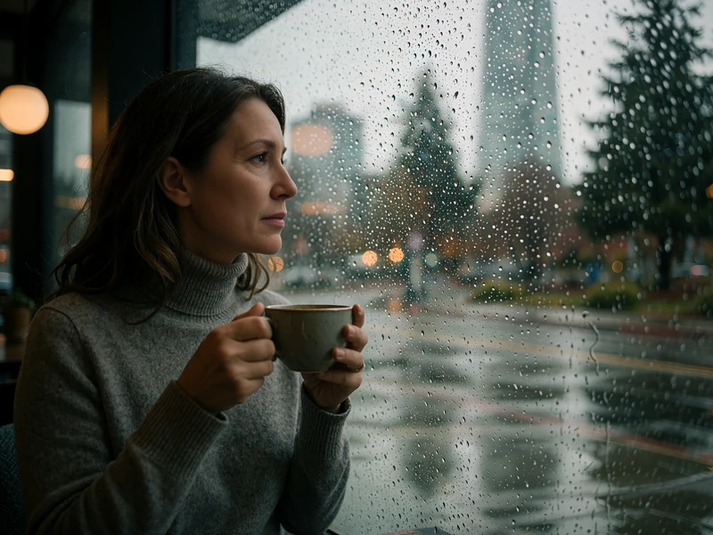 Woman in a grey turtleneck by a rain-speckled café window in a northwestern city, holding a ceramic cup