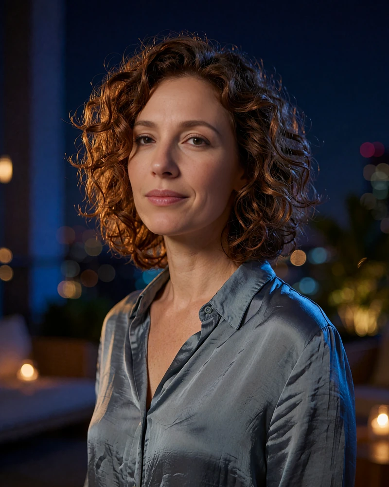 Woman with chestnut curls in a slate-blue silk shirt on a blurred Atlanta rooftop lounge at night - demonstration profile photo