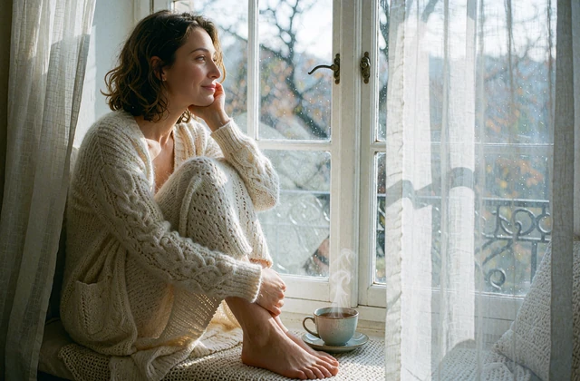 Woman curled into a window seat with a faint smile, resting her chin on her hand while looking toward the light