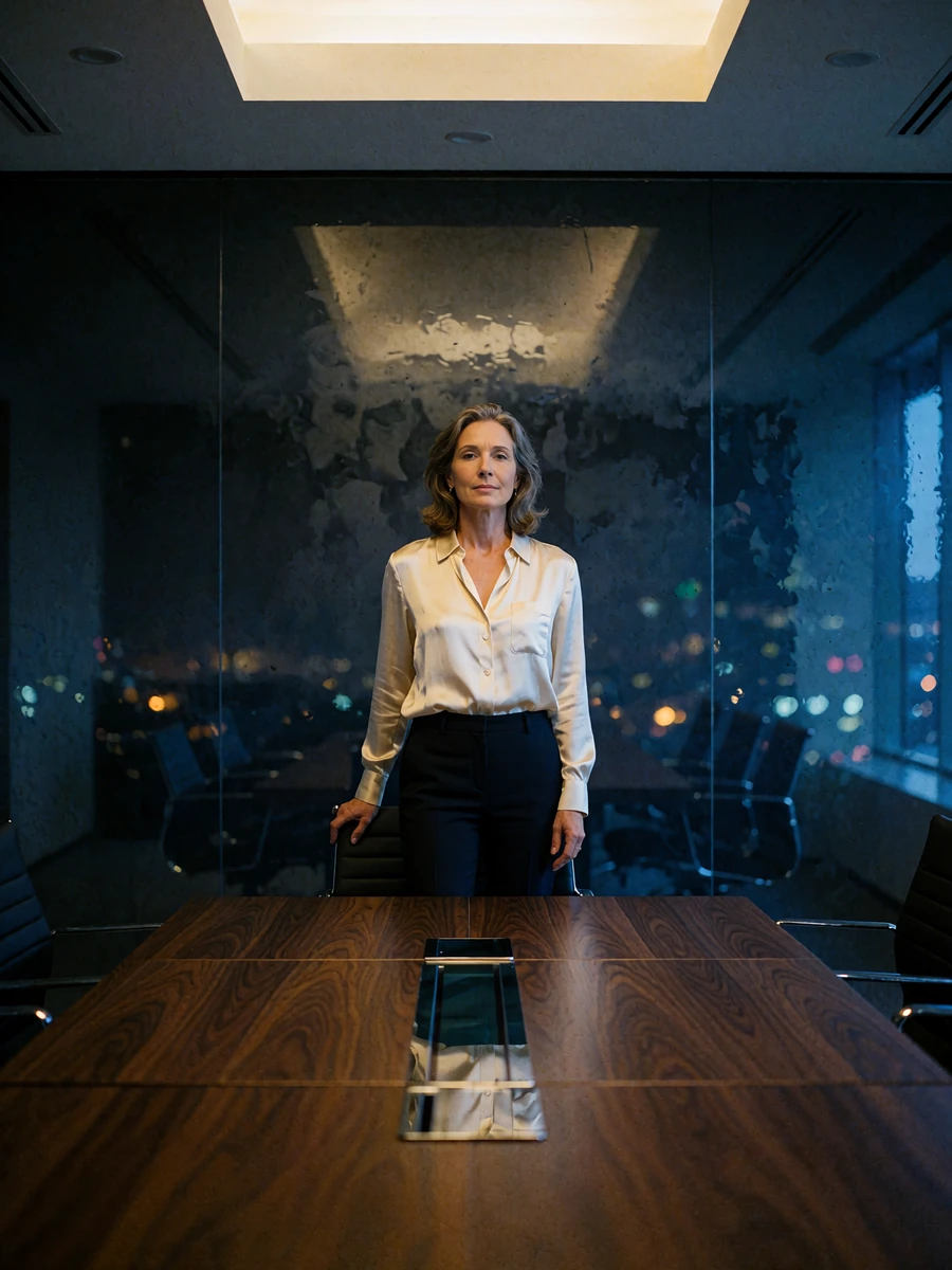 Poised executive in an oyster silk blouse standing at the head of a boardroom table after hours - illustrative member profile photo