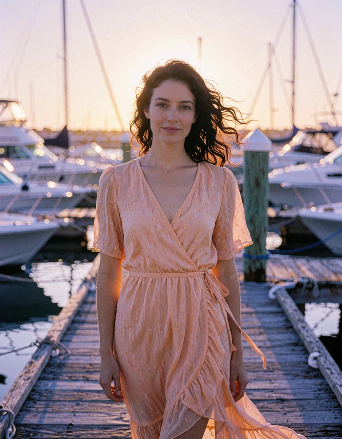 Woman with dark wavy hair in a coral wrap dress on a marina dock at sunset - demonstration profile photo