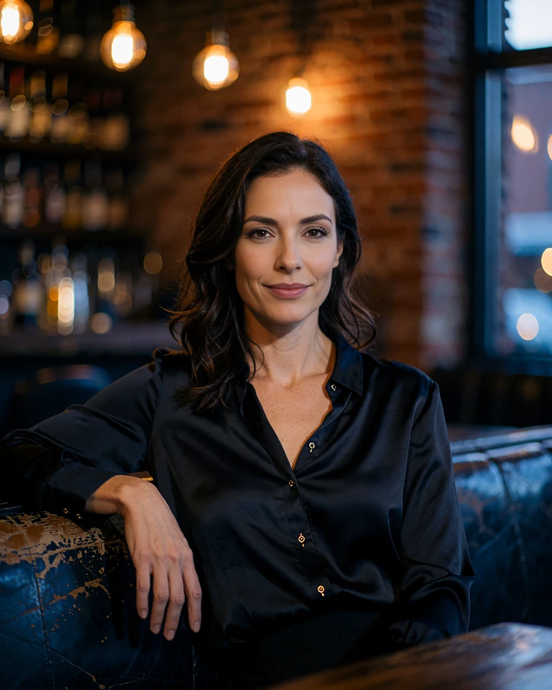 Poised brunette woman in a black silk blouse seated in a dim LoDo cocktail lounge - demonstration profile photo