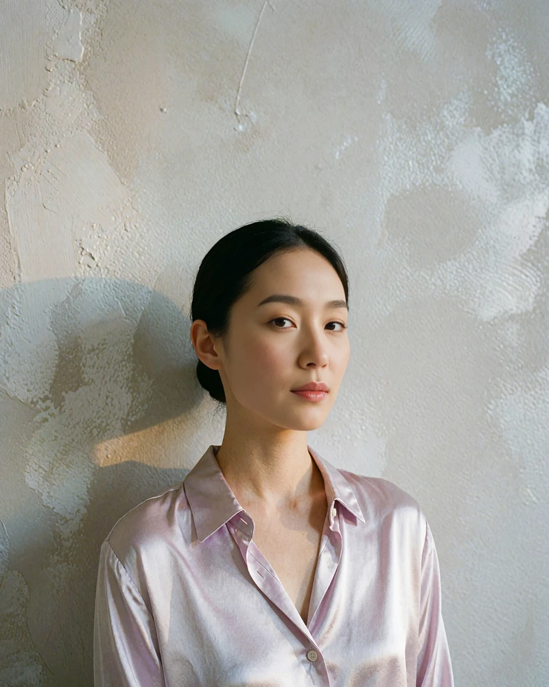 Serene woman in a lavender satin shirt against a pearl-grey studio wall - illustrative member profile photo