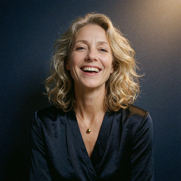 Portrait of a laughing woman with shoulder-length waves, representing an illustrative community voice