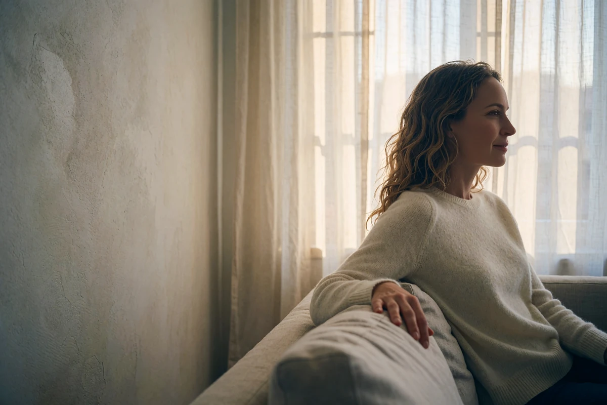 Serene woman in a cream cashmere sweater seated on a pale linen sofa in a bright minimalist apartment, reflecting calm control over privacy preferences