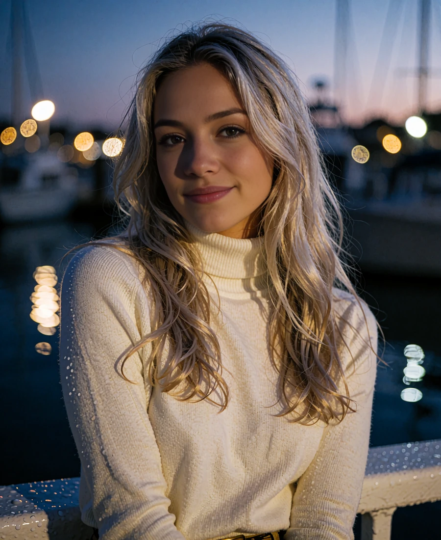 Young woman with long ash-blonde hair in a cream turtleneck on a Seattle harbor deck at dusk - demonstration profile photo