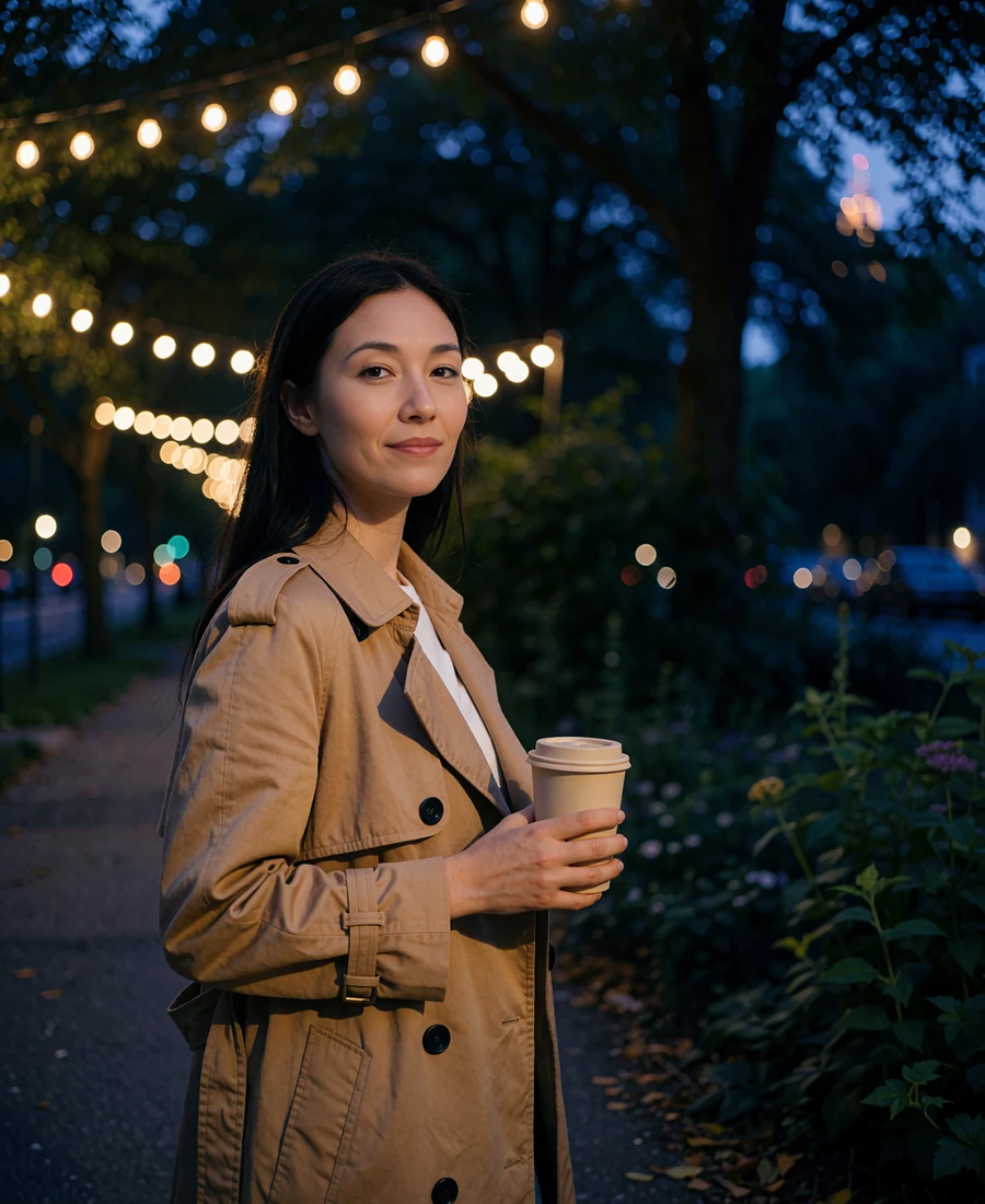 Woman in a camel trench coat walking the Atlanta Beltline at dusk holding a coffee cup - demonstration profile photo