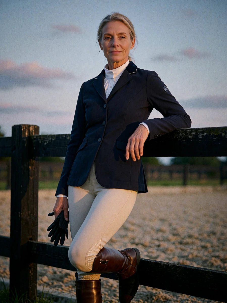 Athletic woman in a navy riding jacket leaning against a timber fence at an equestrian club in evening light - illustrative member profile photo