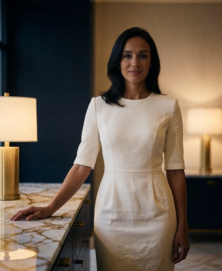 Woman with sleek dark hair in a tailored ivory dress in a luxury San Diego hotel lobby in the evening - demonstration profile photo
