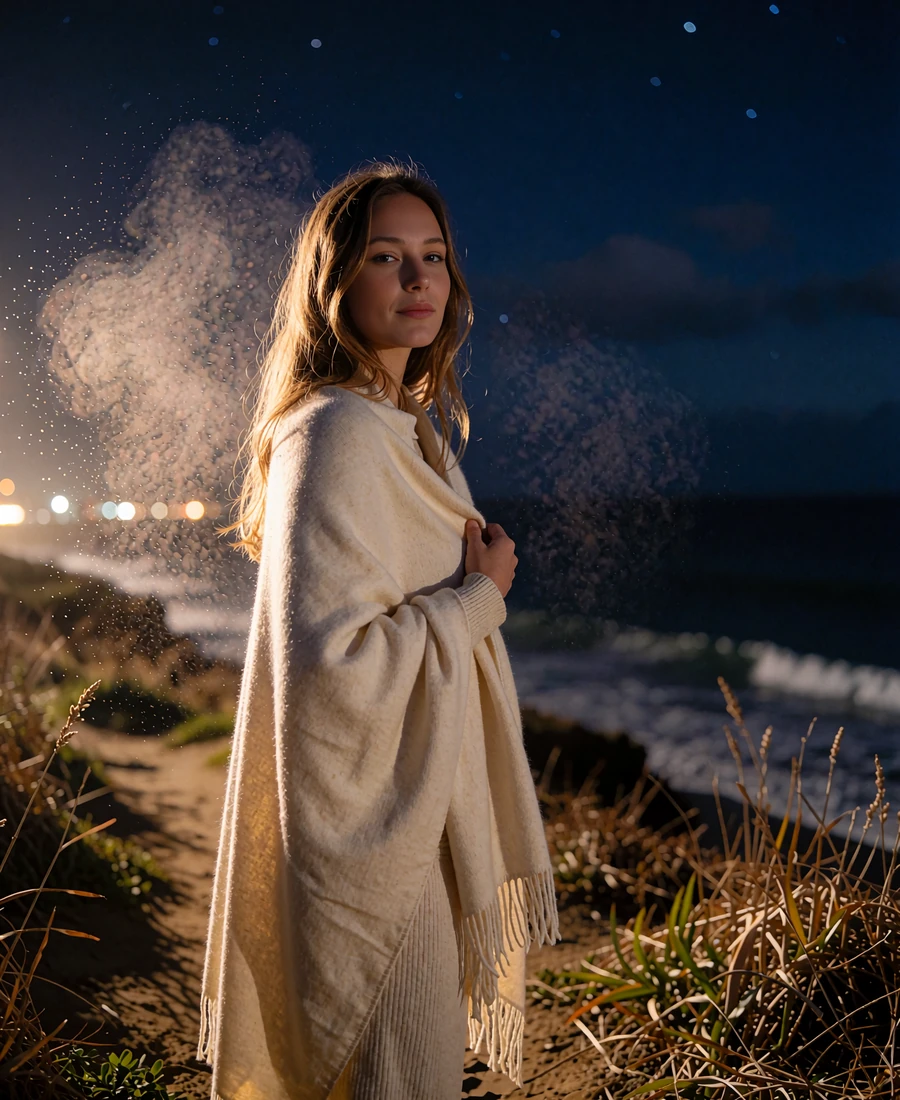 Woman with long light brown hair in a cream cashmere wrap walking a coastal cliff path at dusk - demonstration profile photo