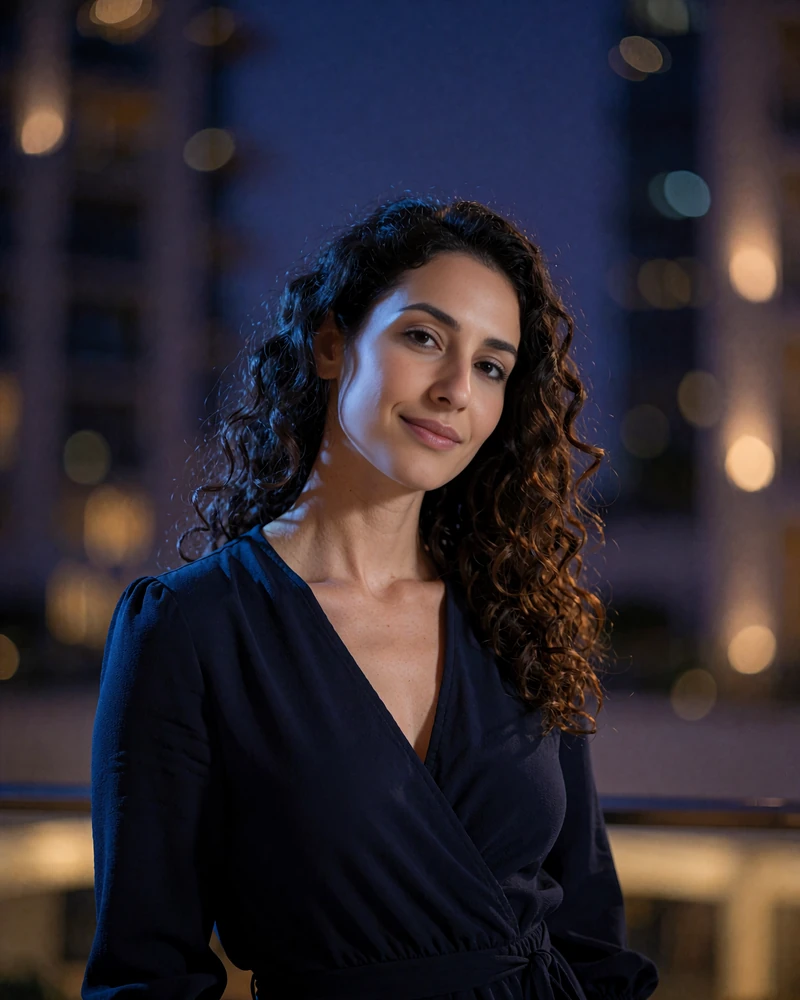 Woman with long dark curls in a navy wrap dress in a softly lit Las Vegas hotel atrium - demonstration profile photo