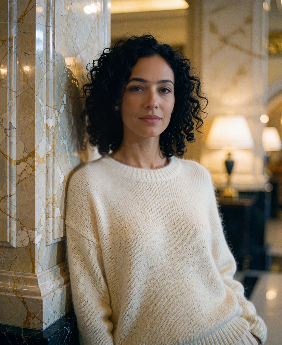 Woman with dark curly hair in ivory knitwear leaning against a marble column in a Dallas luxury hotel lobby - illustrative demonstration profile