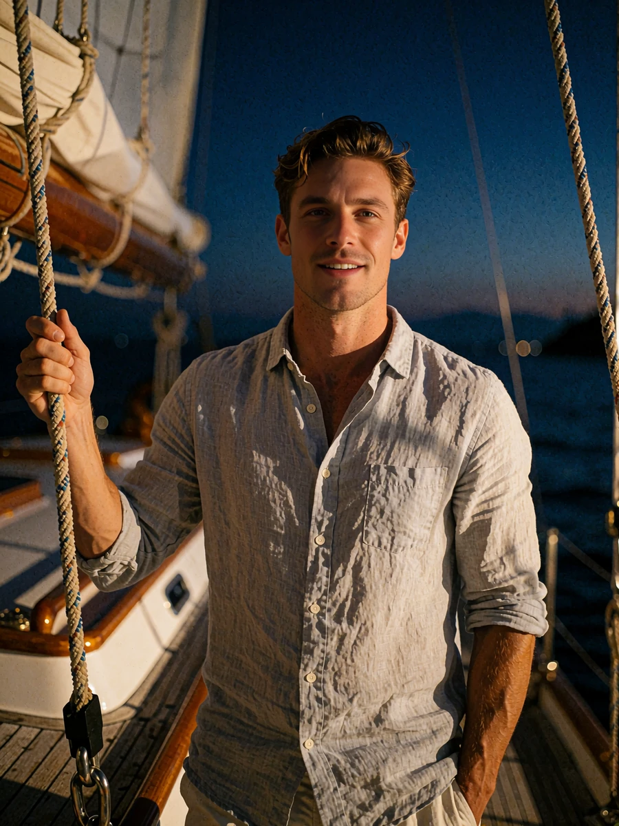 Athletic man in a light linen shirt standing on a sailing deck at dusk - illustrative member profile photo