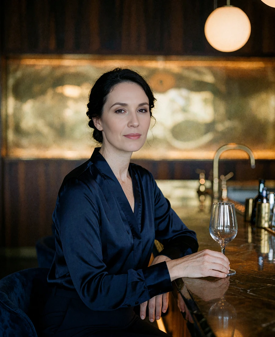 Woman with dark hair in a low twist seated at an upscale Dallas restaurant bar counter - illustrative demonstration profile
