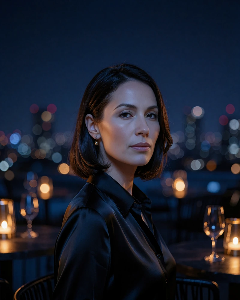 Woman with a sleek dark bob in a black silk blouse on a Las Vegas rooftop bar at night - demonstration profile photo