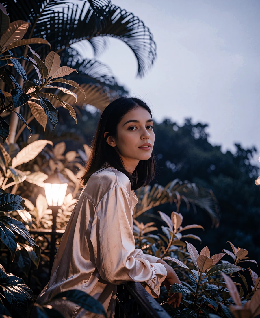 Woman with dark hair and olive skin on a tropical garden terrace in Orlando - demonstration profile photo