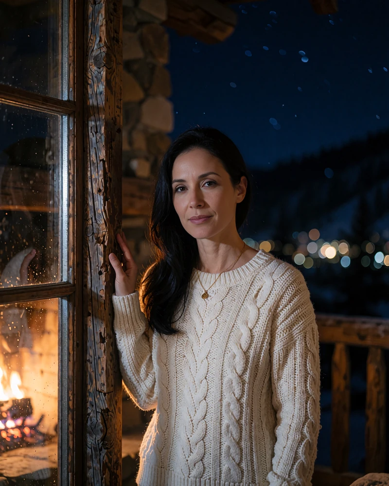 Woman with sleek dark hair in an ivory sweater beside a window at a Colorado mountain lodge at night - demonstration profile photo