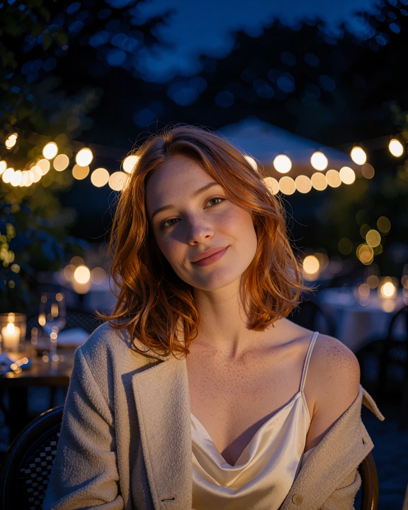 Woman with copper-red hair and light freckles in a cream camisole in a San Antonio garden restaurant at night - demonstration profile photo