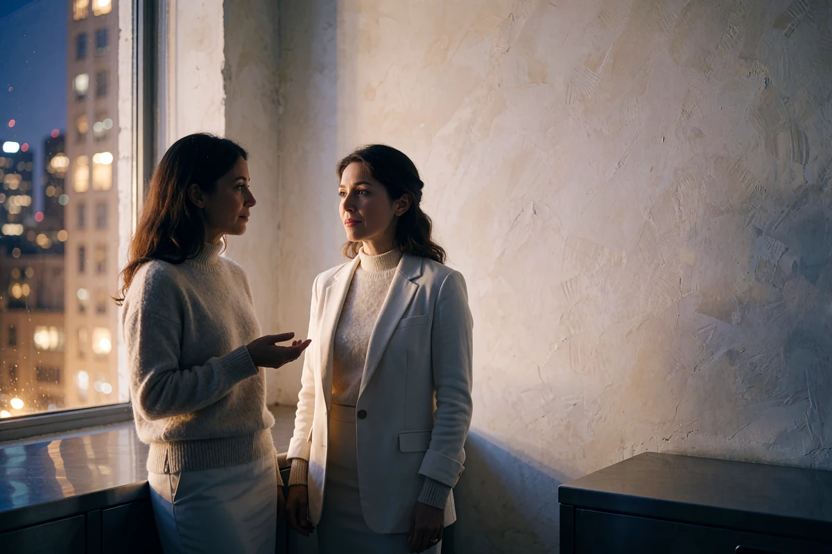 Two colleagues in soft neutral knitwear in quiet conversation in a minimalist evening office lounge, illustrating UrbanSugarMeet profile moderation