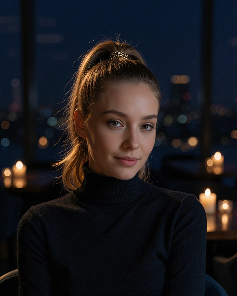 Young woman with a sleek high ponytail and gold chain in a black turtleneck in a candlelit Atlanta restaurant - demonstration profile photo