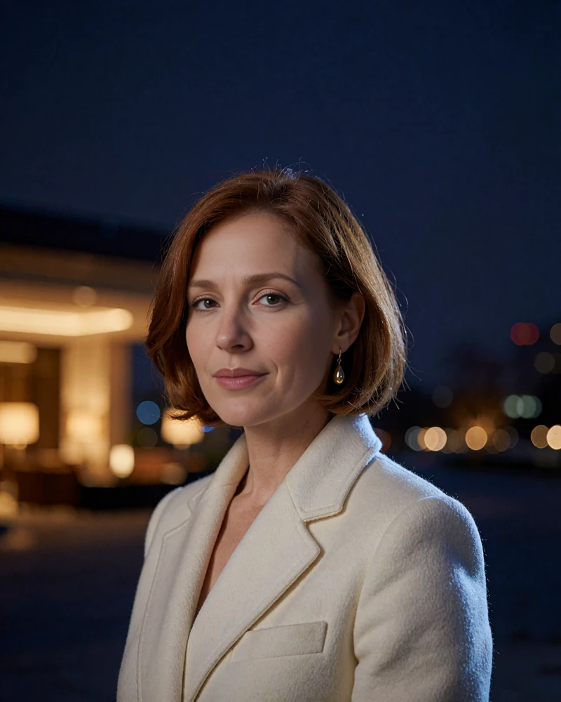 Woman with an auburn bob and gold earrings in a tailored ivory coat in a hotel lobby at night - demonstration profile photo